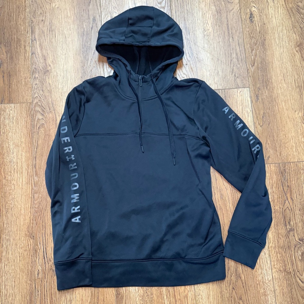 Under Armour ColdGear Quarter Zip Hoodie Black Sleeve Logo Mens Medium Athletic